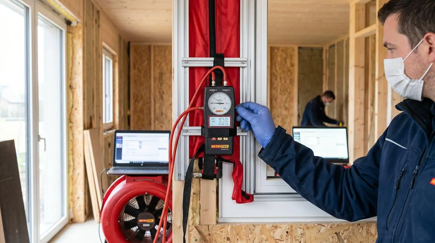 Un technicien réalise un test d'infiltrométrie avec une porte soufflante sur un chantier de construction passive, équipement de mesure visible en action