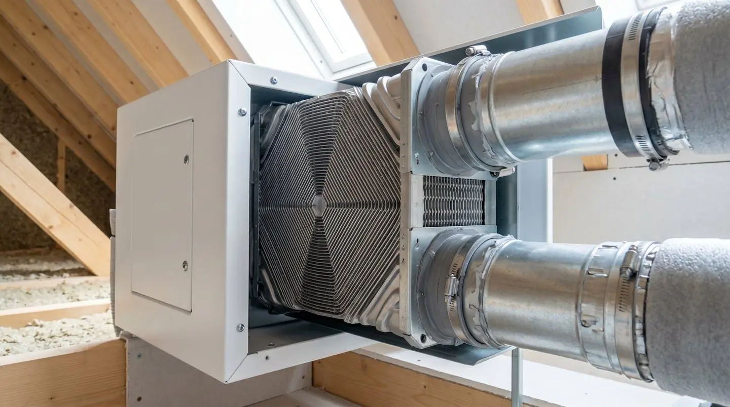 Système de ventilation double-flux compact installé dans les combles d'une maison passive, échangeur thermique et conduits de ventilation visibles
