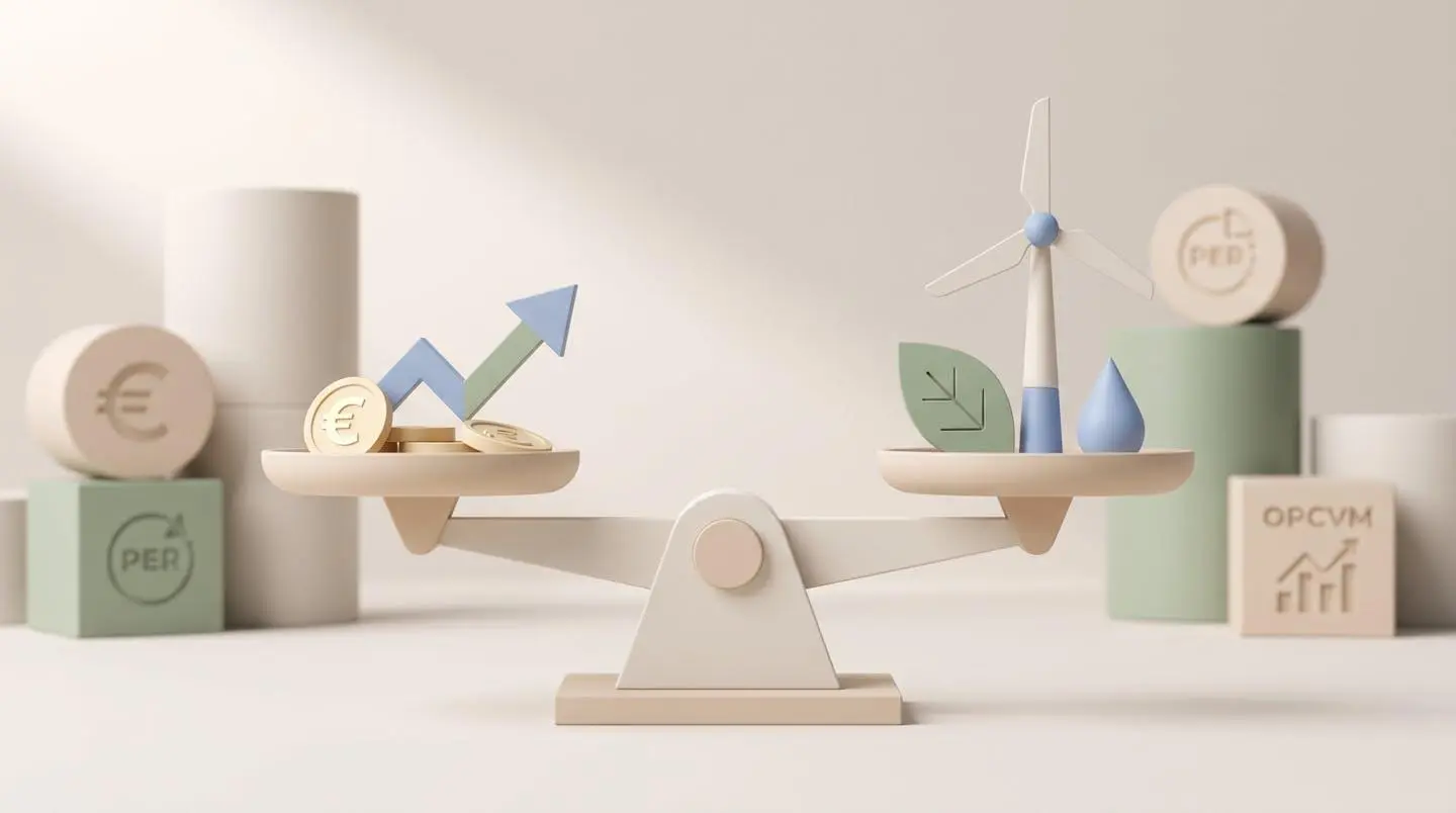 Illustration 3D d'une balance équilibrant symboles financiers et environnementaux, avec formes géométriques représentant assurance-vie, PER et OPCVM verts en arrière-plan.