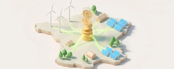 Illustration isométrique d'un paysage français stylisé avec éoliennes, panneaux solaires et pile de pièces d'euros symbolisant l'investissement dans les énergies vertes.
