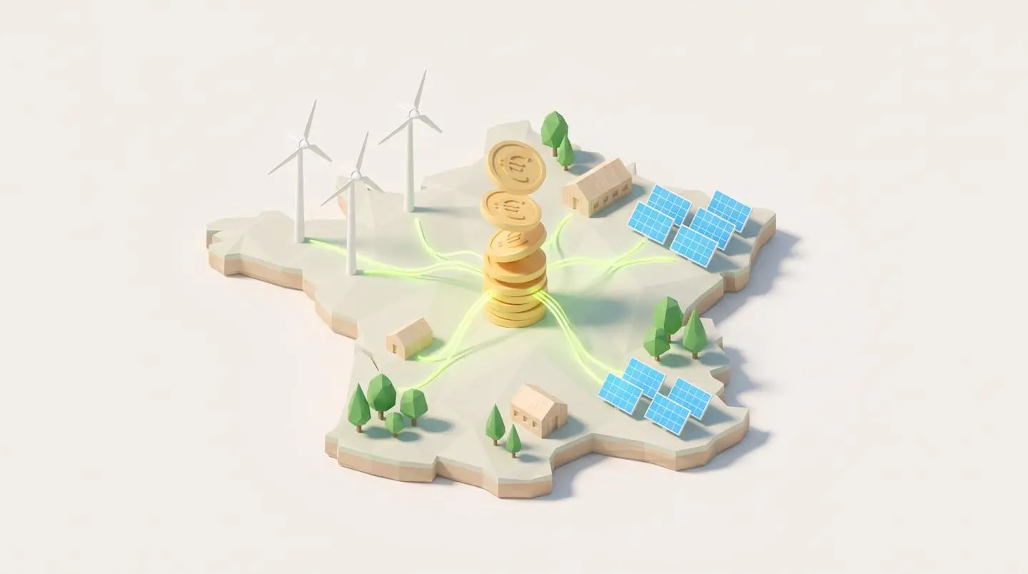 Illustration isométrique d'un paysage français stylisé avec éoliennes, panneaux solaires et pile de pièces d'euros symbolisant l'investissement dans les énergies vertes.
