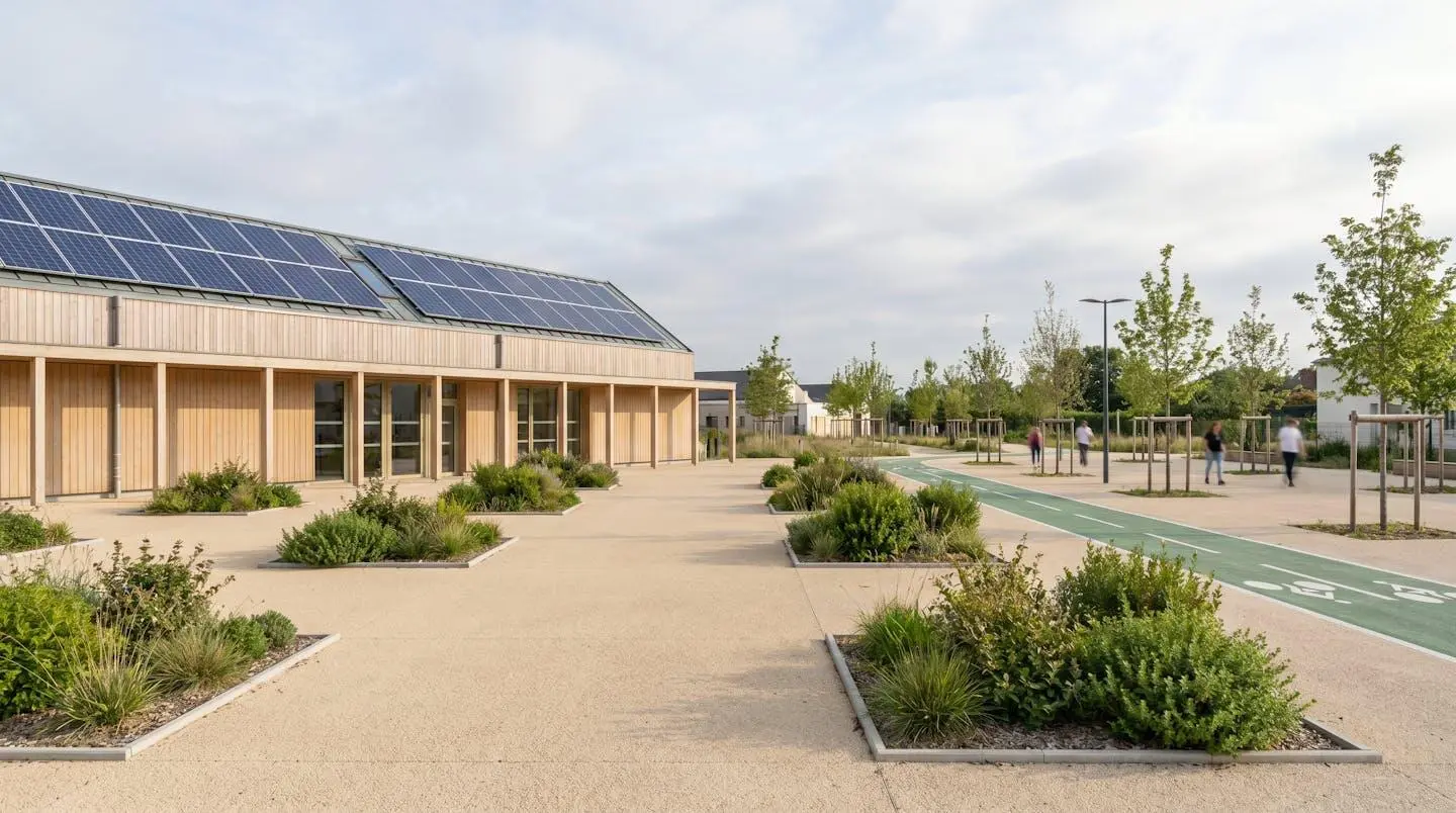 Photographie d'une cour d'école rénovée avec panneaux solaires, isolation bois et espaces végétalisés, illustrant l'impact du Fonds Vert sur les territoires.